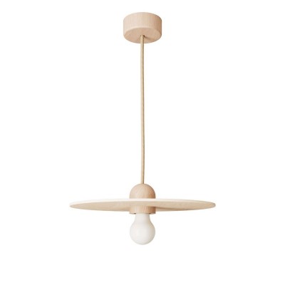 Wood suspension lamp with fabric cable and UFO lampshade