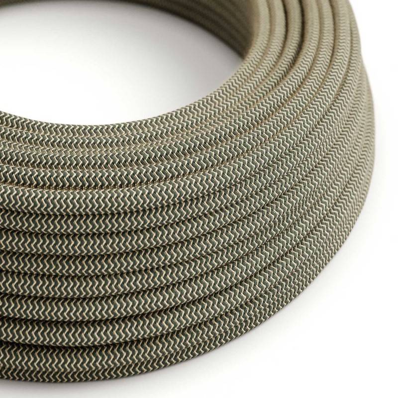 Round Electric Cable covered by Anthracite ZigZag Cotton and Natural Linen RD74