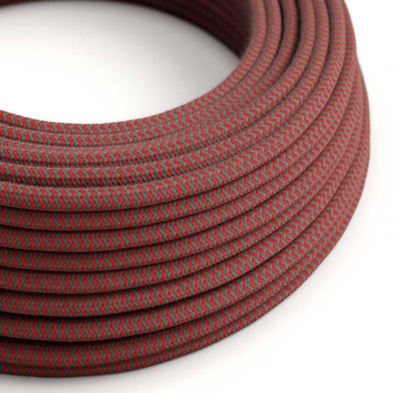 Round Electric Cable covered in Cotton - ZigZag Fire Red and Grey RZ28