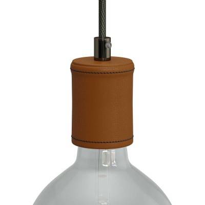 Leather covered wooden E27 lamp holder kit - Leather