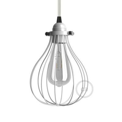 Naked light bulb cage metal lampshade Drop with adjustable collar closure - White