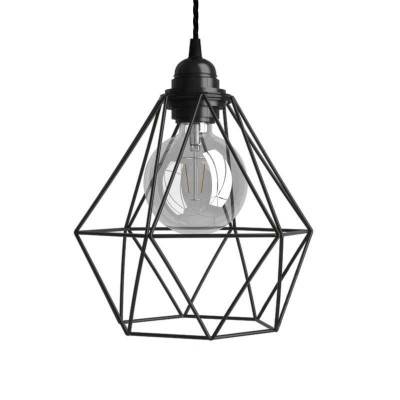 Pendant lamp with textile cable, Diamond cage lampshade and metal details - Made in Italy - Black