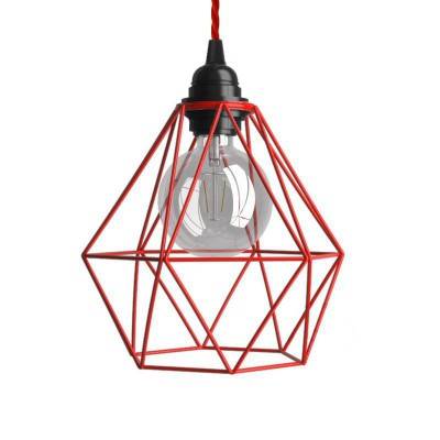 Pendant lamp with textile cable, Diamond cage lampshade and metal details - Made in Italy - Red