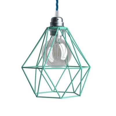 Pendant lamp with textile cable, Diamond cage lampshade and metal details - Made in Italy - Turquoise