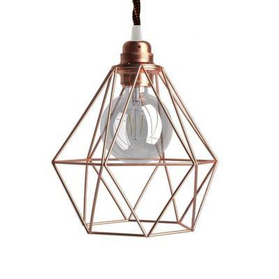 Pendant lamp with textile cable, Diamond cage lampshade and metal details - Made in Italy - Copper