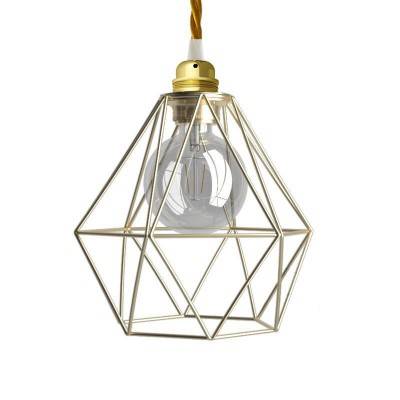 Pendant lamp with textile cable, Diamond cage lampshade and metal details - Made in Italy - Brass