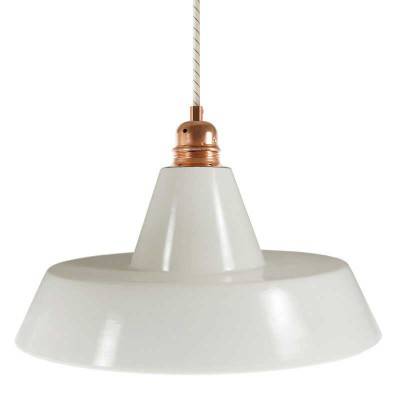 Pendant lamp with textile cable, Industrial ceramic lampshade and metal finishes - Made in Italy - Glossy white