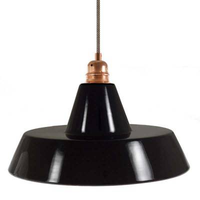 Pendant lamp with textile cable, Industrial ceramic lampshade and metal finishes - Made in Italy - Black - Copper