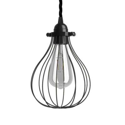 Pendant lamp with textile cable, Drop cage lampshade and metal details - Made in Italy - Black