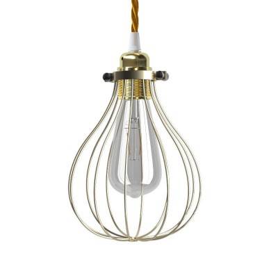 Pendant lamp with textile cable, Drop cage lampshade and metal details - Made in Italy - Brass