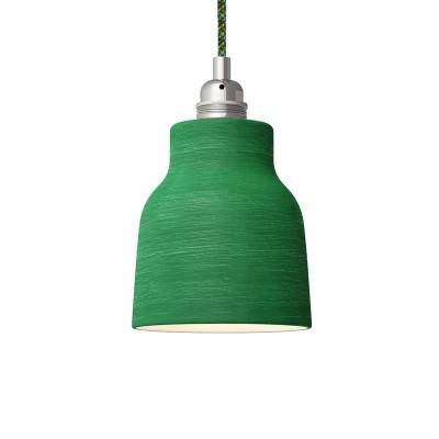 Pendant lamp with textile cable, Vase ceramic lampshade and metal details - Made in Italy - Streaked Evergreen - White