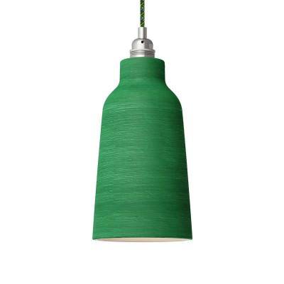 Pendant lamp with textile cable, Bottle ceramic lampshade and metal details - Made in Italy - Streaked Evergreen - White