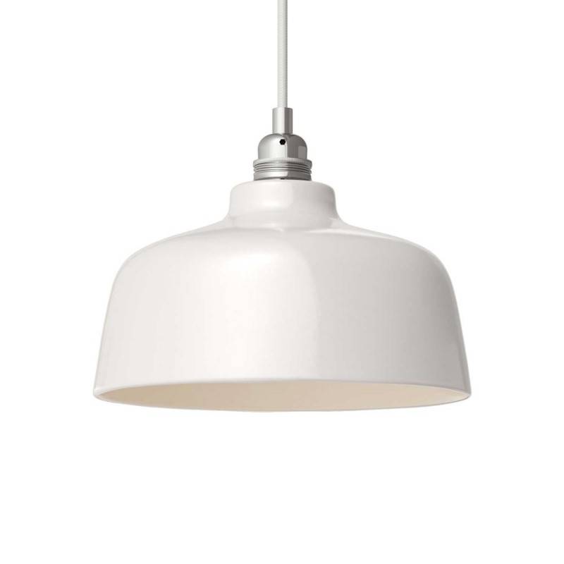 Pendant lamp with textile cable, Cup ceramic lampshade and metal details - Made in Italy