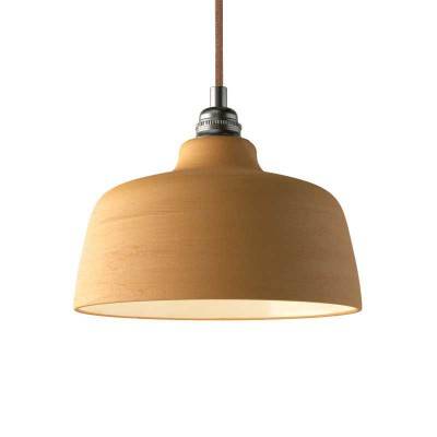 Pendant lamp with textile cable, Cup ceramic lampshade and metal details - Made in Italy - Streaked Terracotta - White