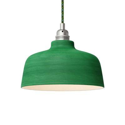 Pendant lamp with textile cable, Cup ceramic lampshade and metal details - Made in Italy - Streaked Evergreen - White