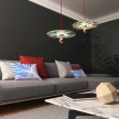 Pendant lamp with textile cable, UFO double-sided wooden lampshade and metal details - Made in Italy