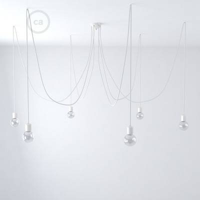 Multiple pendant lamp with 6 falls Made in Italy complete with fabric cable and coloured ceramic finishes - White