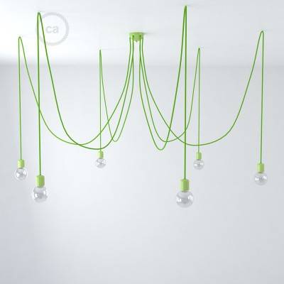 Multiple pendant lamp with 6 falls Made in Italy complete with fabric cable and coloured ceramic finishes - Green