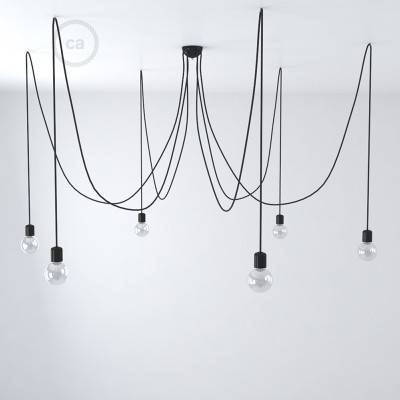 Multiple pendant lamp with 6 falls Made in Italy complete with fabric cable and coloured ceramic finishes - Black