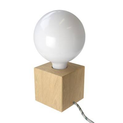 Posaluce Cubetto, our table lamp in wood complete with fabric cable, switch and UK plug - Neutral