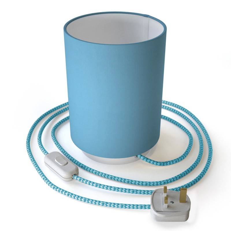 Posaluce in metal with Sky Blue Cilindro lampshade, complete with fabric cable, switch and UK plug