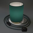 Posaluce in metal with Petrol Blue Cinette Cilindro lampshade, complete with fabric cable, switch and UK plug