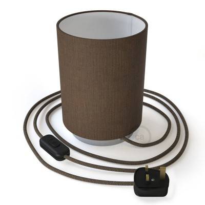 Posaluce in metal with Brown Camelot Cilindro lampshade, complete with fabric cable, switch and UK plug - Chrome - Brown Camelot