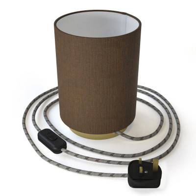 Posaluce in metal with Brown Camelot Cilindro lampshade, complete with fabric cable, switch and UK plug - Brass - Brown Camelot