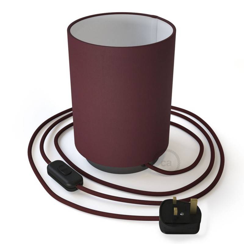 Posaluce in metal with Burgundy Canvas Cilindro lampshade, complete with fabric cable, switch and UK plug