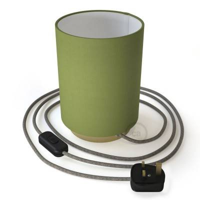 Posaluce in metal with Olive Green Canvas Cilindro lampshade, complete with fabric cable, switch and UK plug