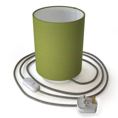 Posaluce in metal with Olive Green Canvas Cilindro lampshade, complete with fabric cable, switch and UK plug - White - Olive Green Canvas