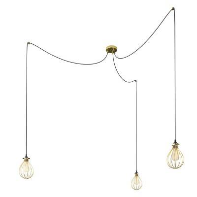 Spider - 3-light multi-pendant Made in Italy lamp featuring fabric cable and Drop lampshade - Brass