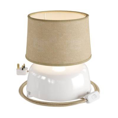 Coppa ceramic table lamp with Athena shade, complete with textile cable, switch and UK plug - Glossy white - Natural Jute