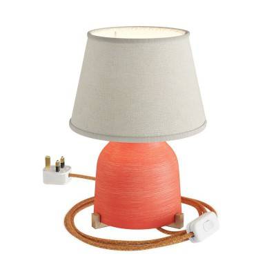 Vaso ceramic table lamp with Impero shade, complete with textile cable, switch and UK plug - Streaked Coral - Light Jute