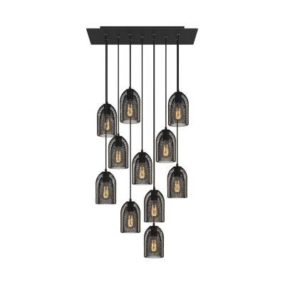 11-light pendant lamp with 675 mm rectangular XXL Rose-One, featuring fabric cable and metal Ghostbell lampshade - Matt Black Dibond