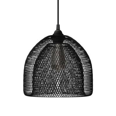 Pendant lamp with textile cable, Ghostbell XL cage lampshade and metal details - Made in Italy - Black