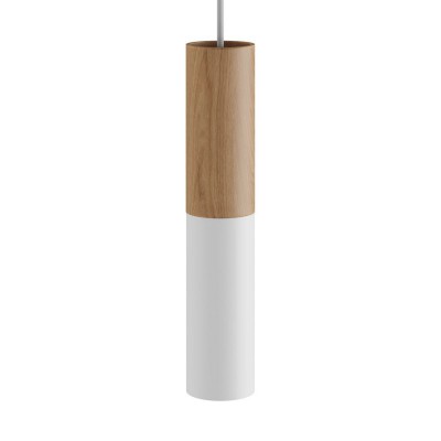 Pendant lamp complete with textile cable and double Tub-E14 wood and metal shade - Made in Italy - Neutral - Matt White