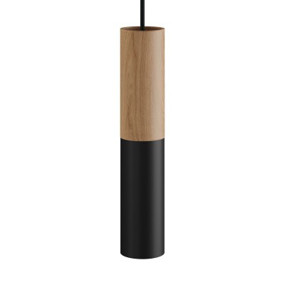 Pendant lamp complete with textile cable and double Tub-E14 wood and metal shade - Made in Italy - Neutral - Black