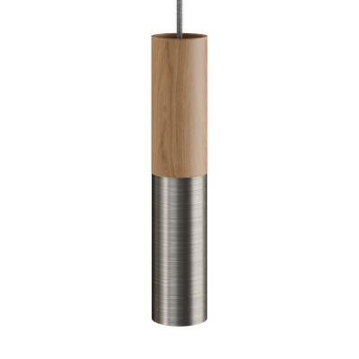 Pendant lamp complete with textile cable and double Tub-E14 wood and metal shade - Made in Italy - Neutral - Brushed titanium