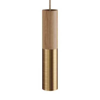 Pendant lamp complete with textile cable and double Tub-E14 wood and metal shade - Made in Italy - Neutral - Brushed bronze