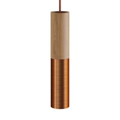 Pendant lamp complete with textile cable and double Tub-E14 wood and metal shade - Made in Italy - Neutral - Brushed copper