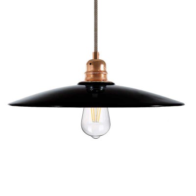 Pendant lamp with textile cable, ceramic Dish lampshade and metal details - Made in Italy - Black - Copper