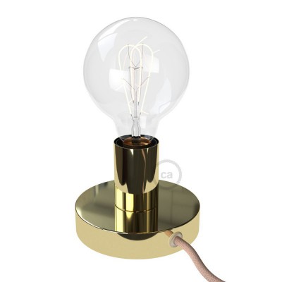 Posaluce, the brass metal table lamp, with textile cable, in-line switch and english plug