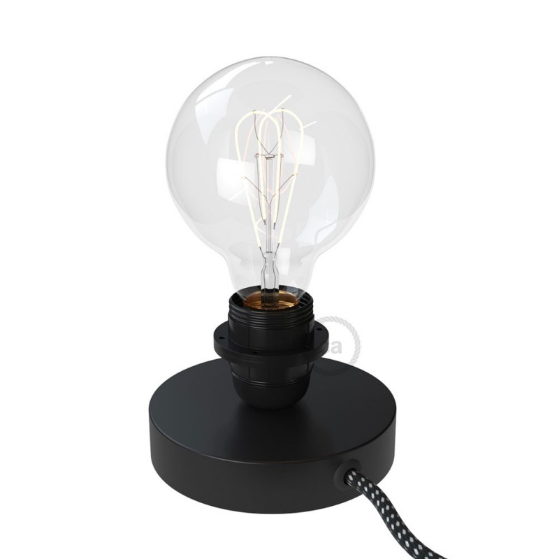 Posaluce, the black metal table lamp for lampshade, with textile cable, in-line switch and english plug