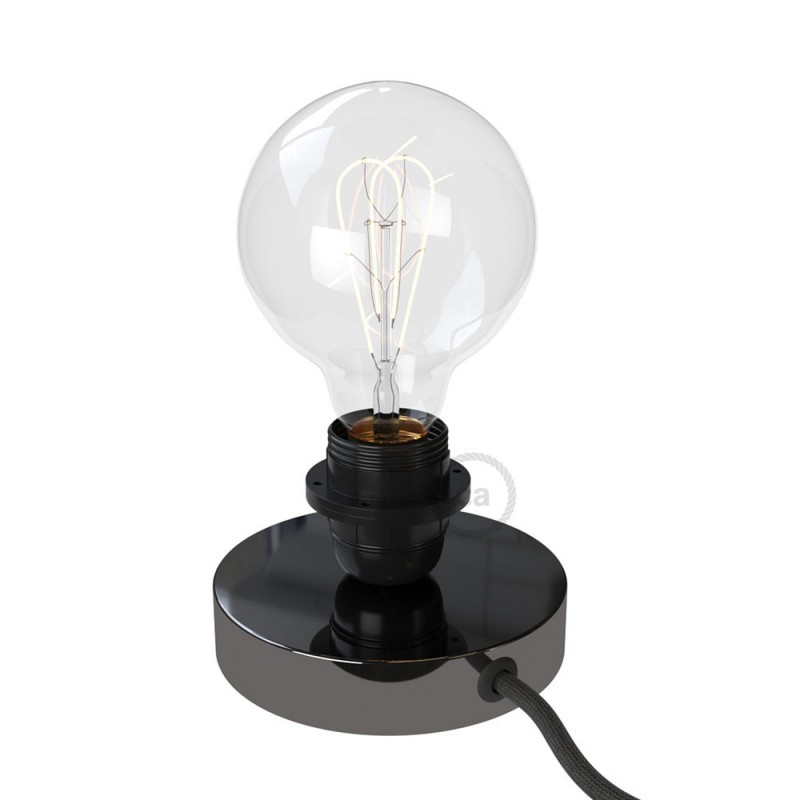 Posaluce, the black pearl metal table lamp for lampshade, with textile cable, in-line switch and english plug