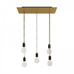 5-light pendant lamp with 675 mm rectangular XXL Rose-One, featuring fabric cable and metal finishes - Satin Brass Dibond