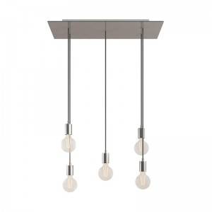 5-light pendant lamp with 675 mm rectangular XXL Rose-One, featuring fabric cable and metal finishes - Satin Steel Dibond