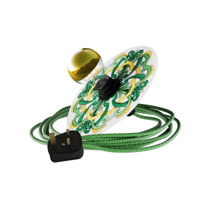 Snake Eiva with mini Ellepì 'Maioliche' Flat Lampshade, portable lamp for outdoors, with IP65 waterproof lampholder and plug - Majolica Yellow - Green